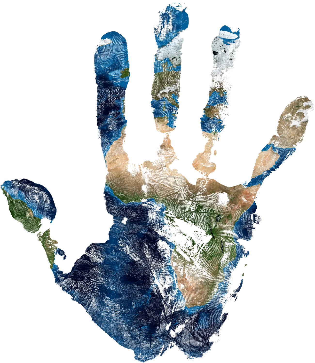 Ein Handabdruck, dessen Fläche aus einer Satellitenaufnahme der Erde besteht, Sinnbild für die Wirkung, die ein Nachhaltigkeitsbericht dokumentiert