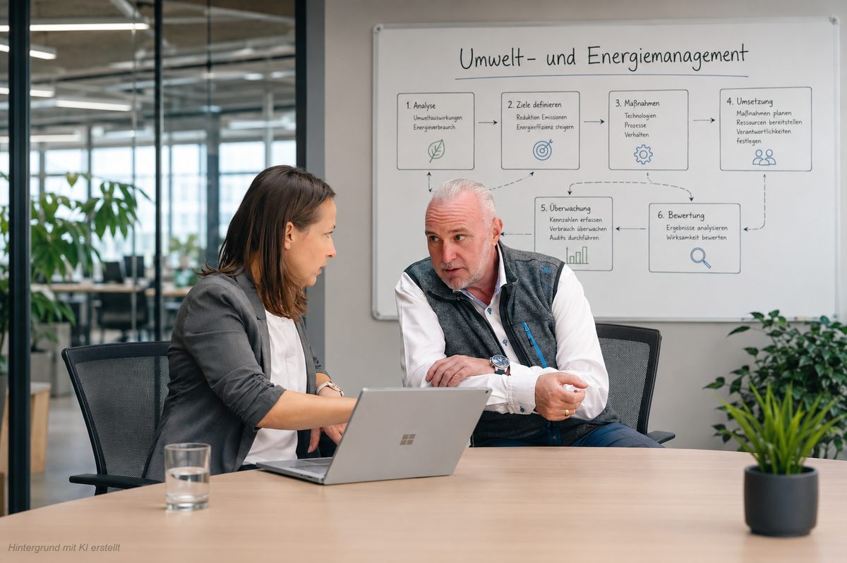 Melanie Reuß und Volker Loibl im Gespräch vor einem Whiteboard mit dem Ablauf Umwelt- und Energiemanagement: 1. Analyse, 2. Ziele definieren, 3. Maßnahmen, 4. Umsetzung, 5. Überwachung, 6. Bewertung