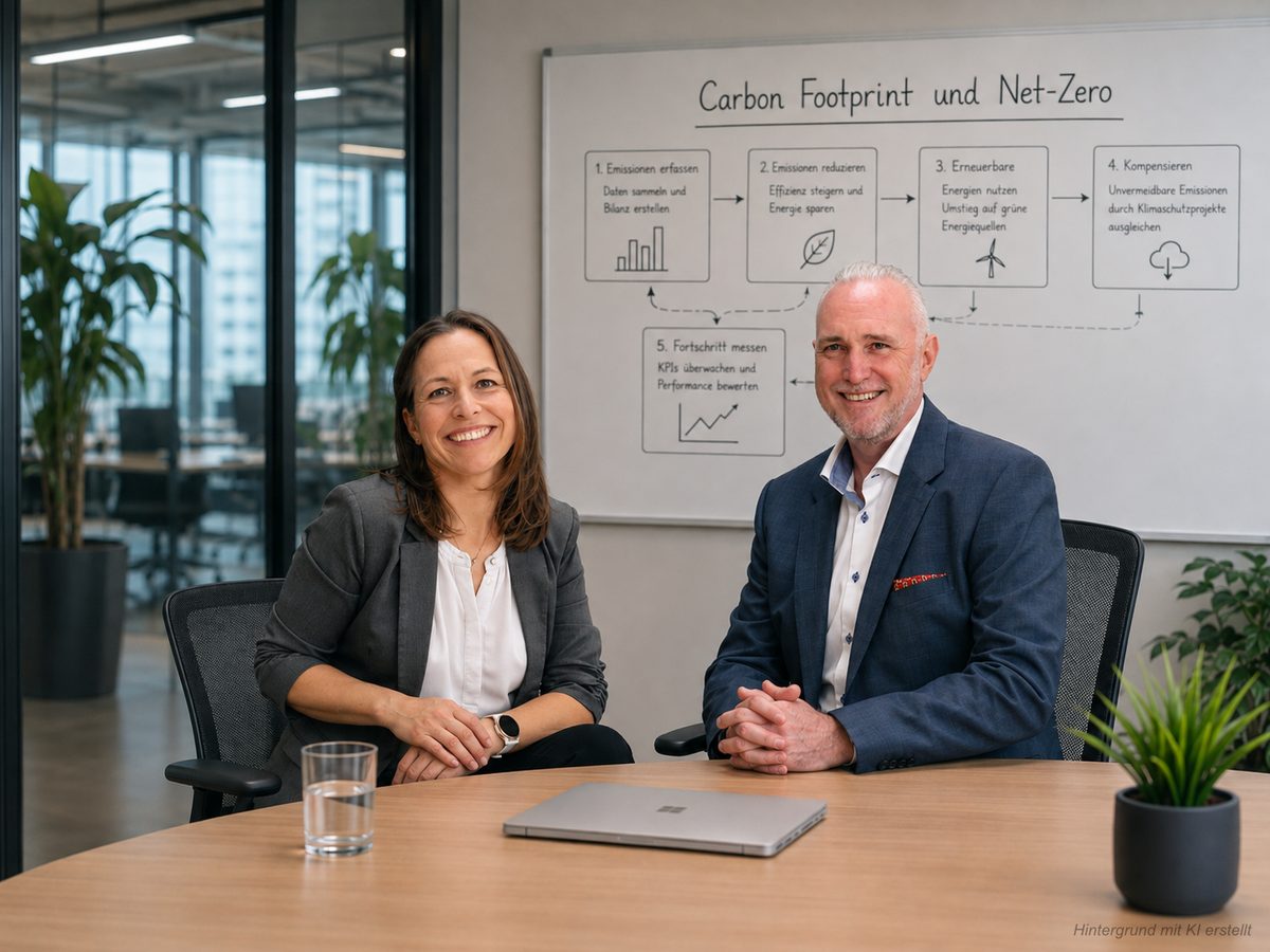 Melanie Reuß und Volker Loibl vor einem Whiteboard mit dem Ablauf Carbon Footprint und Net-Zero: 1. Emissionen erfassen, 2. Emissionen reduzieren, 3. Erneuerbare Energien nutzen, 4. Kompensieren, 5. Fortschritt messen