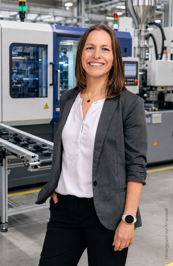 Melanie Reuß von apollo consulting vor einer Spritzgießmaschine