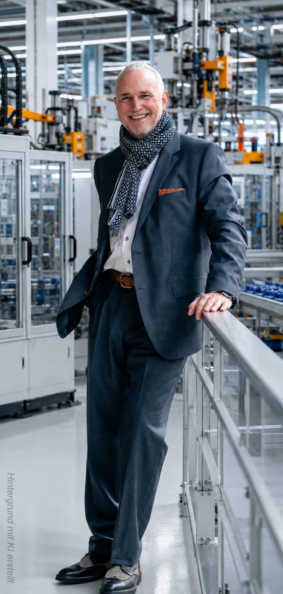 Volker Loibl, Gründer von apollo consulting, an einem Geländer in einer Fertigungshalle