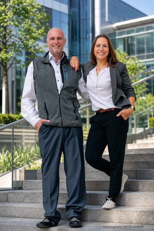 Volker Loibl und Melanie Reuß von apollo consulting auf der Außentreppe vor dem Bürogebäude