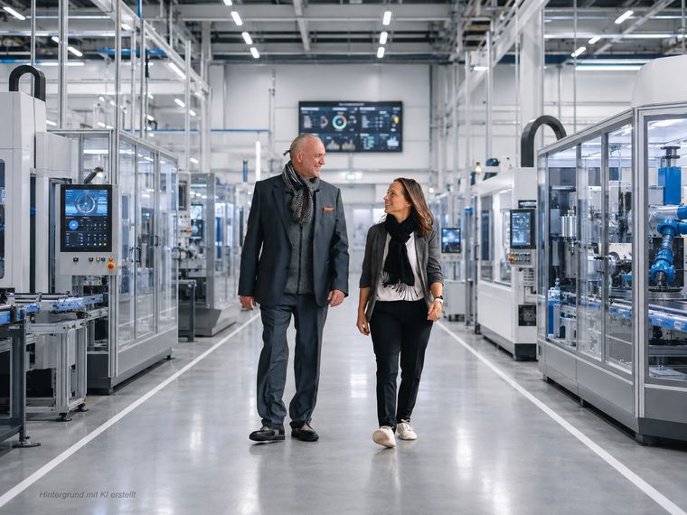 Volker Loibl und Melanie Reuß gehen durch die Fertigungshalle eines Kunden, im Hintergrund ein Leitstand-Monitor