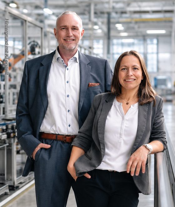 Volker Loibl und Melanie Reuß von apollo consulting an einem Geländer in einer Fertigungshalle