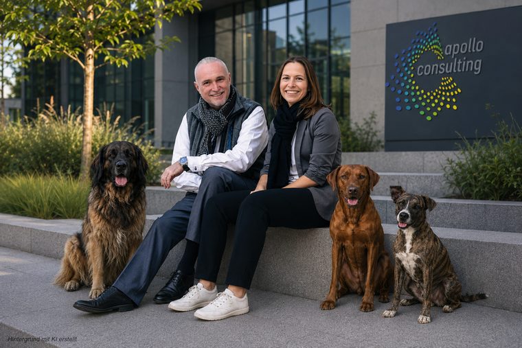 Volker Loibl und Melanie Reuß sitzen mit den drei Bürohunden vor der Logo-Wand von apollo consulting