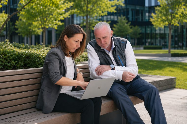 Volker Loibl und Melanie Reuß arbeiten gemeinsam an einem Laptop auf einer Parkbank