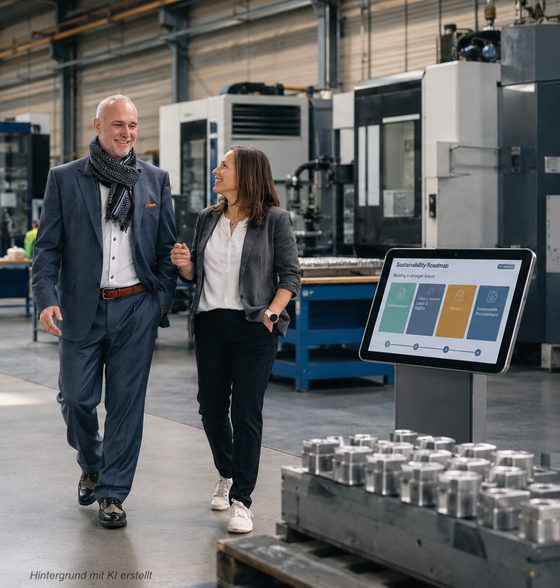 Volker Loibl und Melanie Reuß von apollo consulting in einer Fertigungshalle, daneben eine Anzeige mit der Sustainability Roadmap