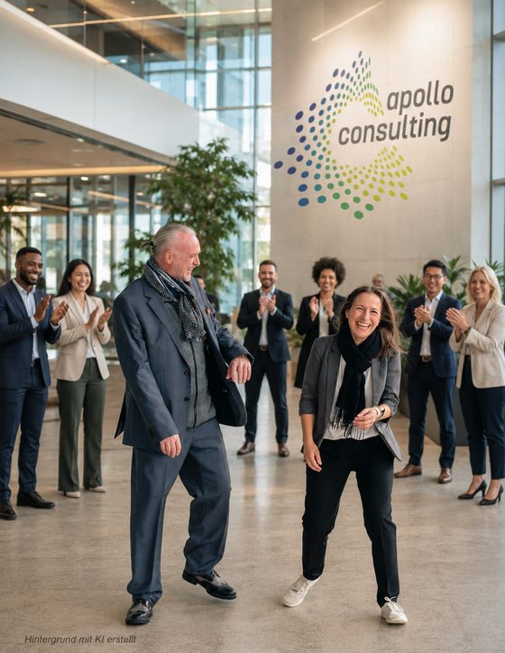 Volker Loibl und Melanie Reuß mit dem Team von apollo consulting vor der Logowand