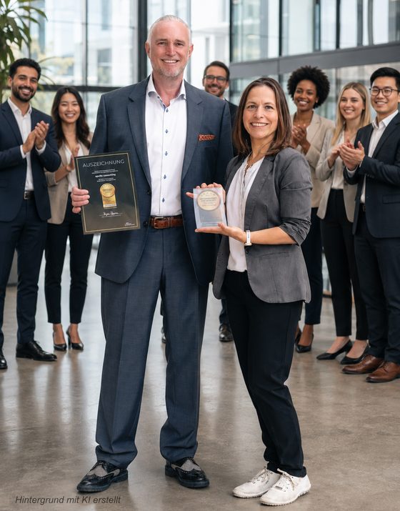 Volker Loibl und Melanie Reuß mit Urkunde und Trophäe, dahinter das Team von apollo consulting